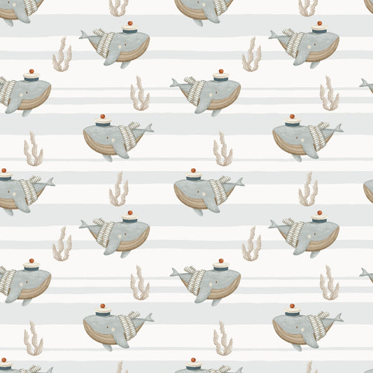 Whale 100% Cotton Fabric | Stripe & Coral Print | Devonstone Ahoy