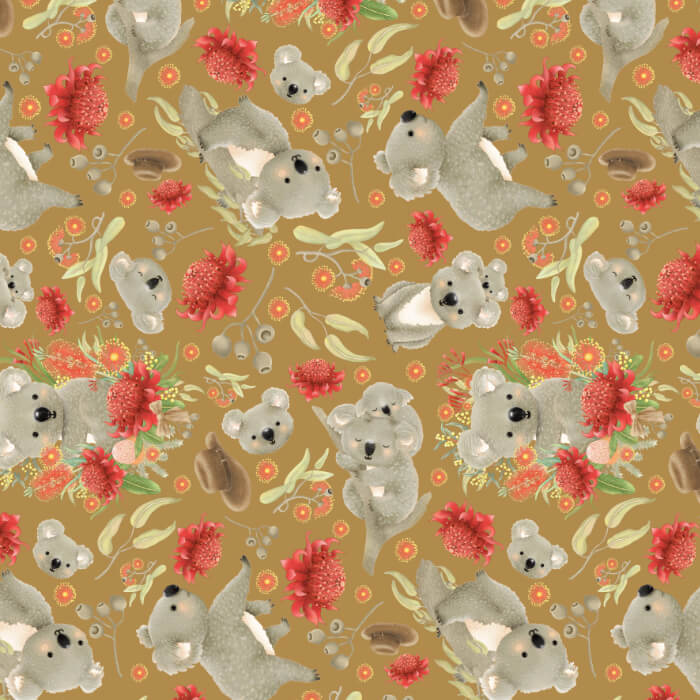 Jen Digital Art Koala and Flowers - Mustard